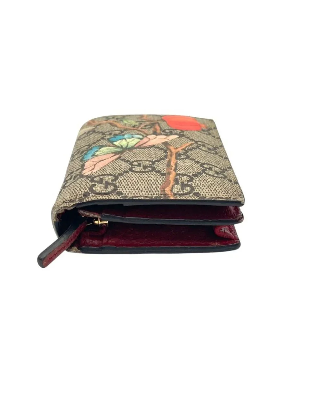 Gucci GG Supreme Tian Compact Wallet Mini Folding Leather Beige Multicolor Gold